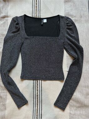 H&M Black Metallic Square-Neck Long Sleeve Top with Puff Shoulders